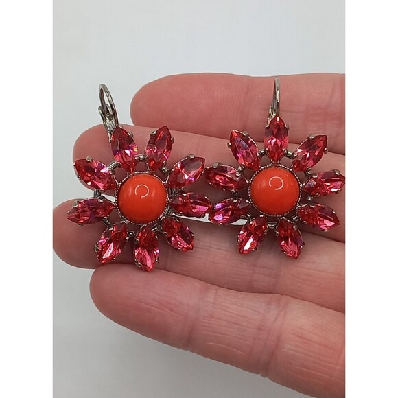 Philippe Ferrandis Paris designer HOT PINK Red/Orange Flower Earrings Leverback - Picture 8 of 9